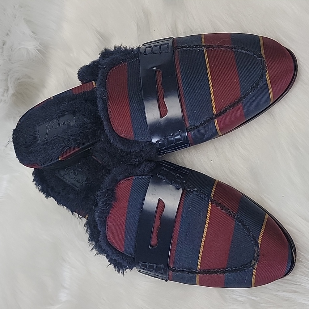 J.CREW Academy Navy Burgundy Satin Striped Faux Fur Preppy Academia Loafer Mules